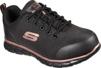 SKECHERS Work SK108025BKRG Chiton, para mujer, negro/dorado rosa, puntera de aluminio, antideslizante, calzado de trabajo deportivo bajo