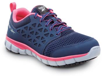 Zapato de trabajo con puntera blanda, antideslizante MaxTRAX, estilo atlÒtico, azul marino/rosa, de mujer, Reebok Work SRB032 Sublite Cushion Work