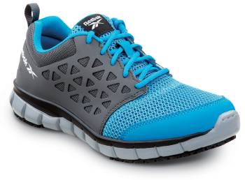 Reebok Work SRB3200 Sublite Cushion Work, Unisex, Sky Blue/Dark Grey, Athletic Style, MaxTRAX Slip Resistant, Soft Toe Work Shoe