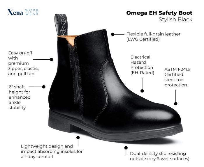 alternate view #6 of: Xena Workwear XEOMBL1 Women's Omega EH Safety Boot, Stylish Black, Steel Toe, Side Zipper